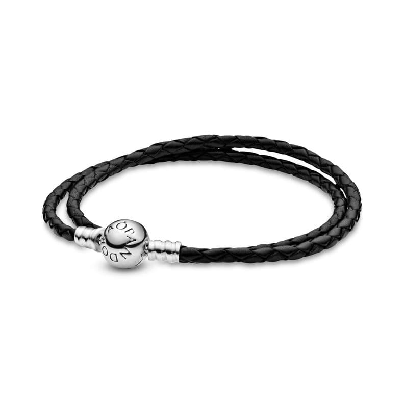 Brazalete en Cuero Trenzado Doble Negro Plata 35