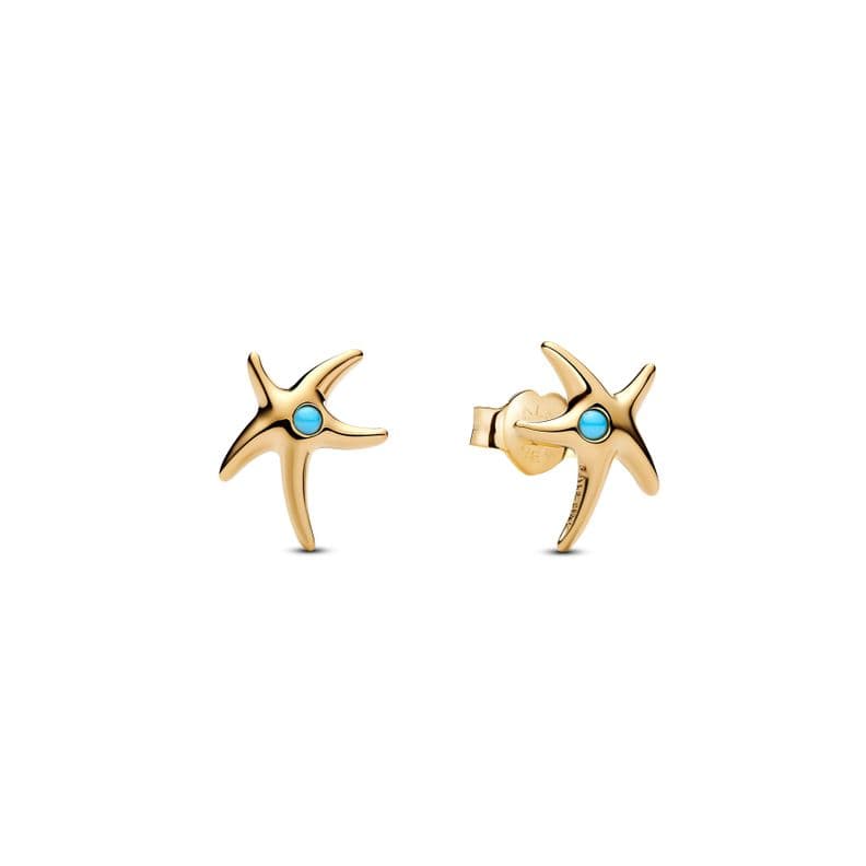 Aretes de Boton Estrella de mar con recubrimiento en oro de 14k con cristal azul Capri Dorado