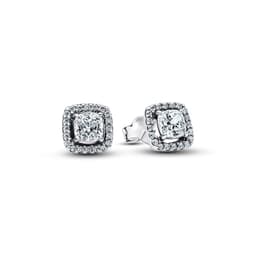 Aretes de Boton Halo Cuadrado Brillante Plateado Plata