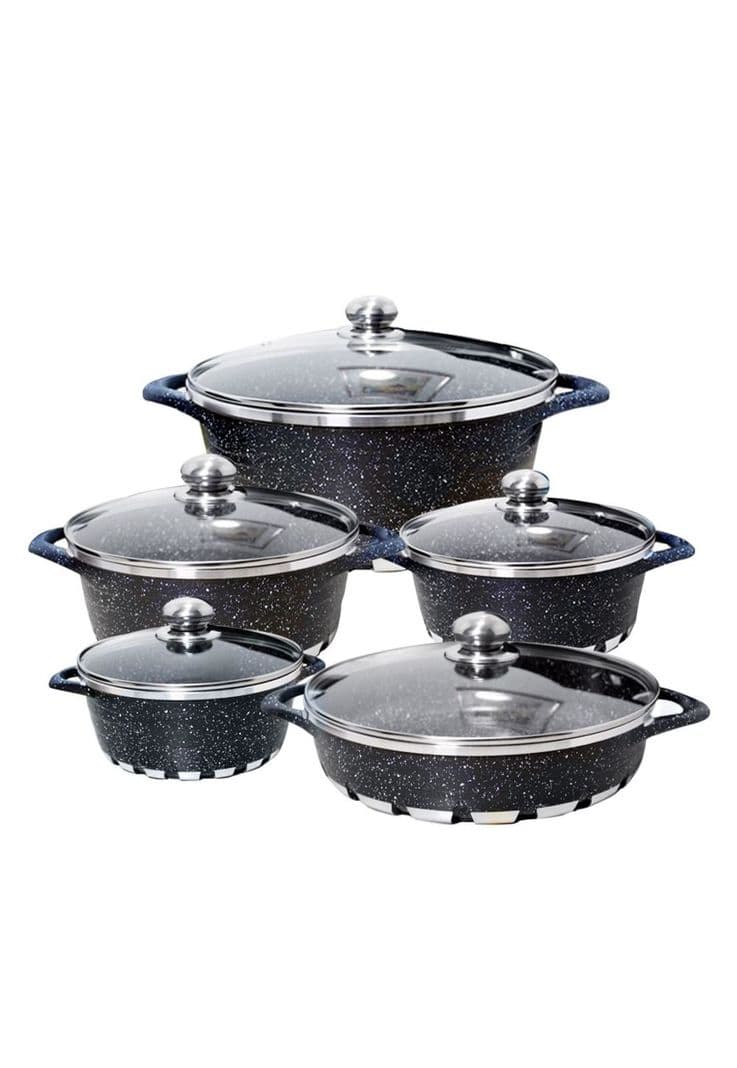 Bateria de Cocina 10 Piezas Altas Granito Antiadherente Negro Metalico