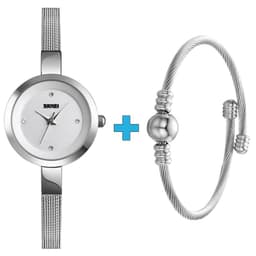 Reloj cuarzo mujer + 1 pulsera ultrafina acero inoxidable Plateado Metalico S-M