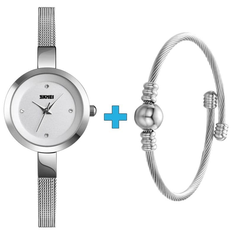 Reloj cuarzo mujer + 1 pulsera ultrafina acero inoxidable Plateado Metalico S-M