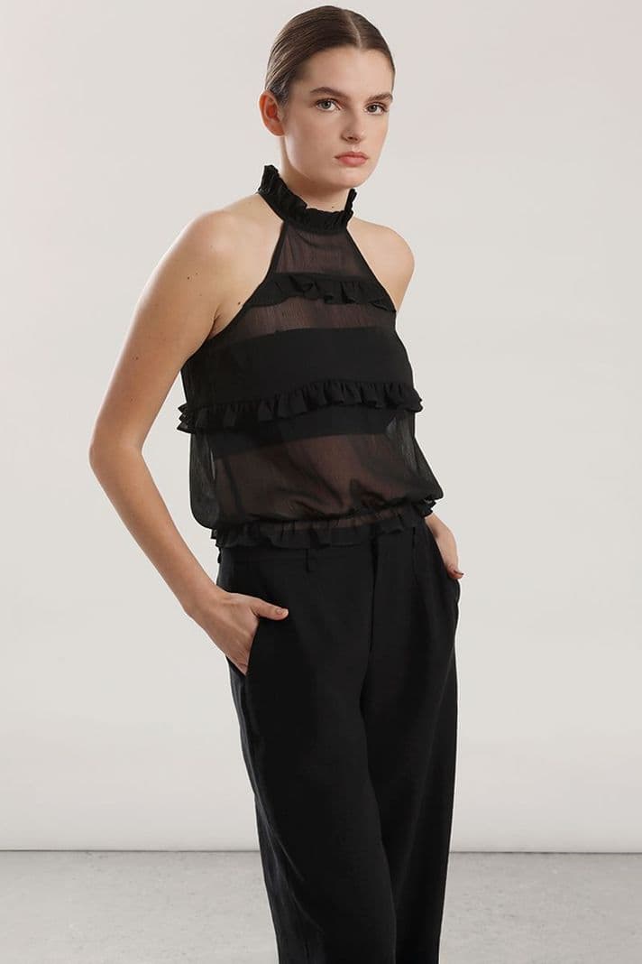 Top halter gasa, volantes mujer Liola beige Negro M