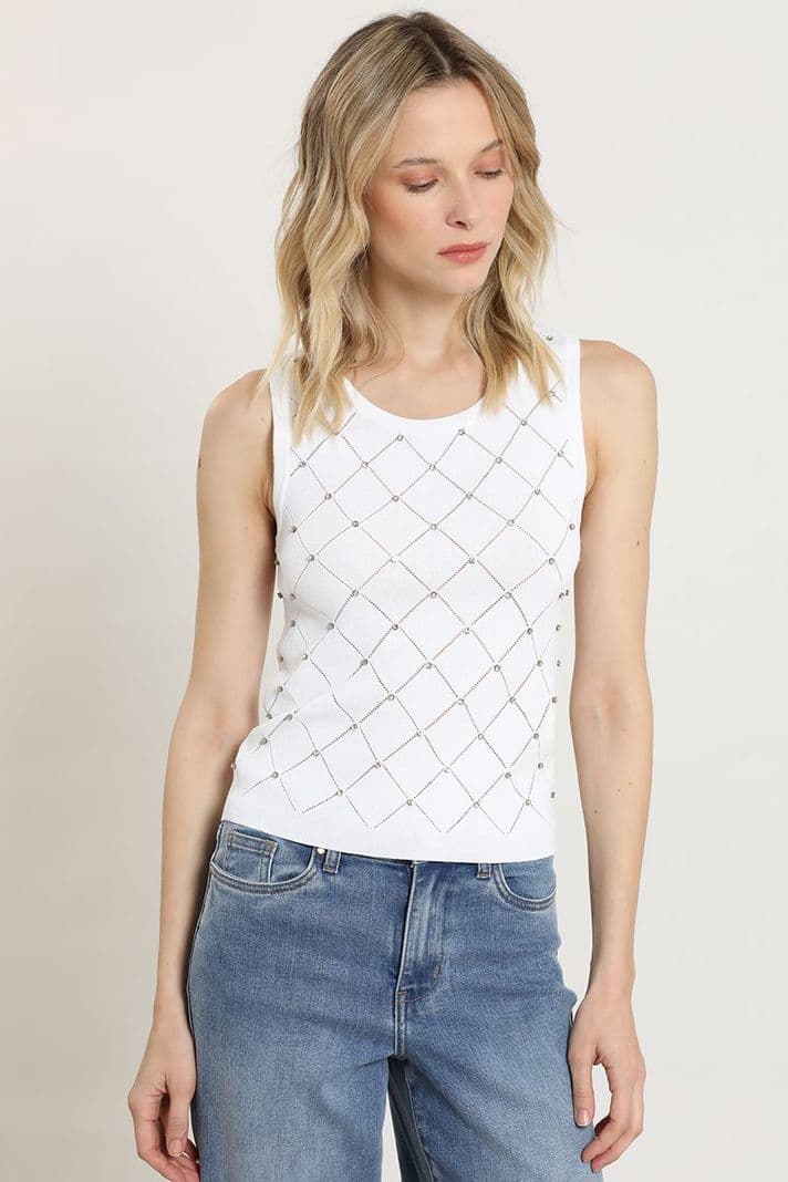 Top punto, aplicacion strass, crudo Liola Blanco S