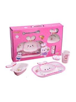 Set de Platos para Comer de Bambu para Bebe, Diseno Conejito Rosado
