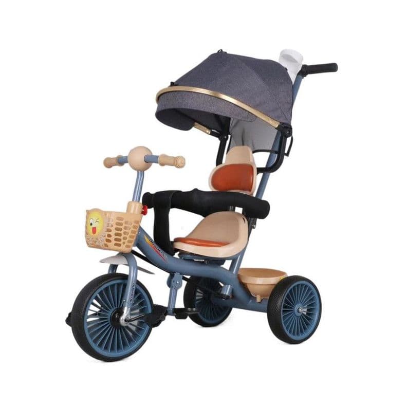 Triciclo Infantil 2 Etapas Metalico con Techo y Barra Guia Azul