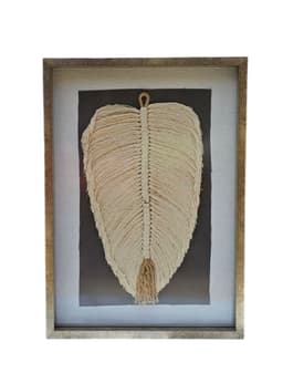 Cuadro Hoja Algodon Marco Dorado Decoracion Hecho a Mano 50x32 Vidrio Macrame