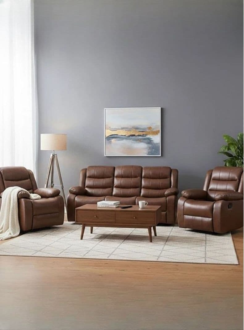Living Sofa 3 Cuerpos Reclinable Roma + 2 Bergers Reclinables PU Cafe