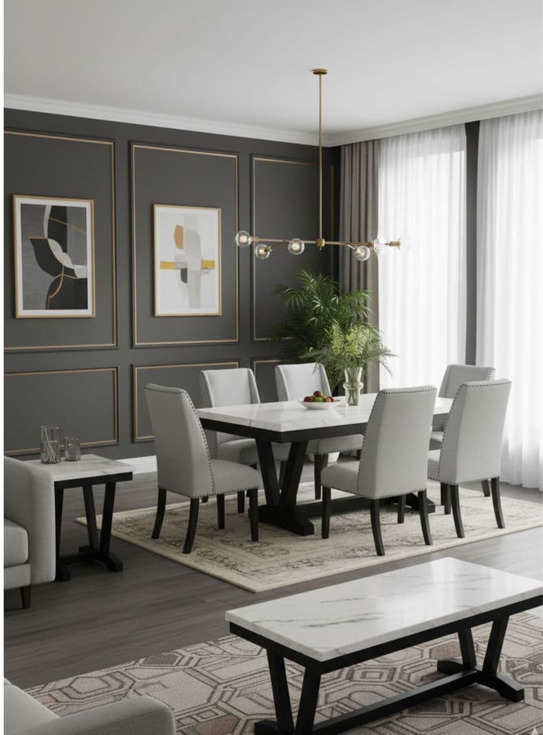 Juego de Comedor 6 Sillas Rodeus + Mesa de Centro + Mesa Lateral Marmol Blanco