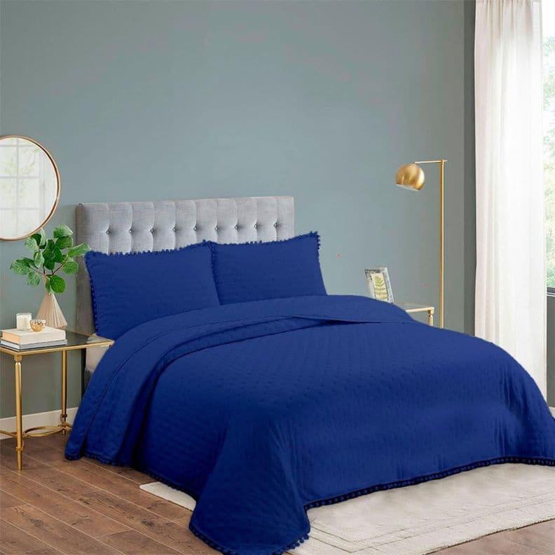 Cubrecama Quilt King De Verano 2.5 Plazas Pompones Azul
