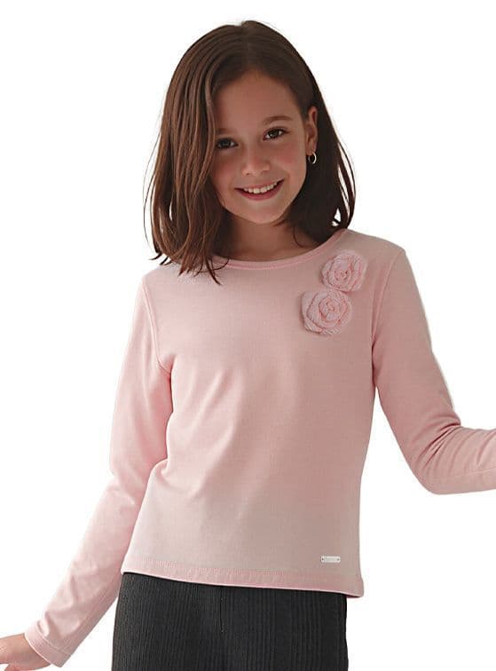 Polera Manga Larga Afranelada Nina con Aplicacion de Rosa Rosado 4 anos