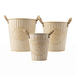 Set 3 Macetero Metalico Beige Decorativo Con Asas Jardin