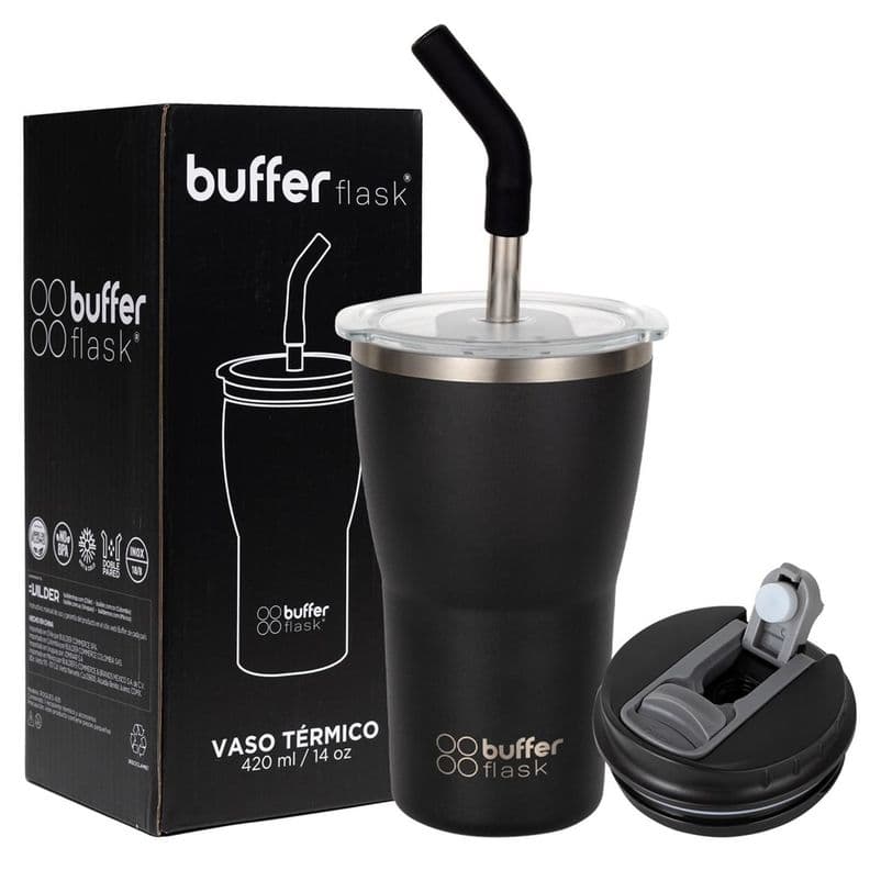 Vaso Termico Cafe 420ml Buffer Inox+Tapa Negro