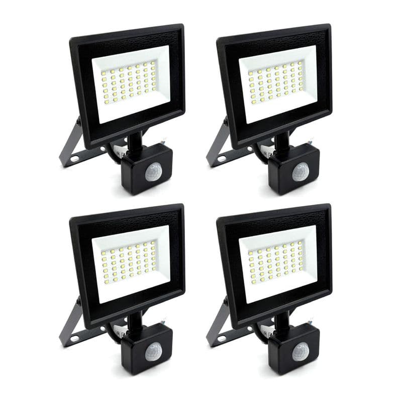 Pack 4 Foco Proyector Led Reflector Con Sensor 30w Ip65 Fria Negro Blanco Frio