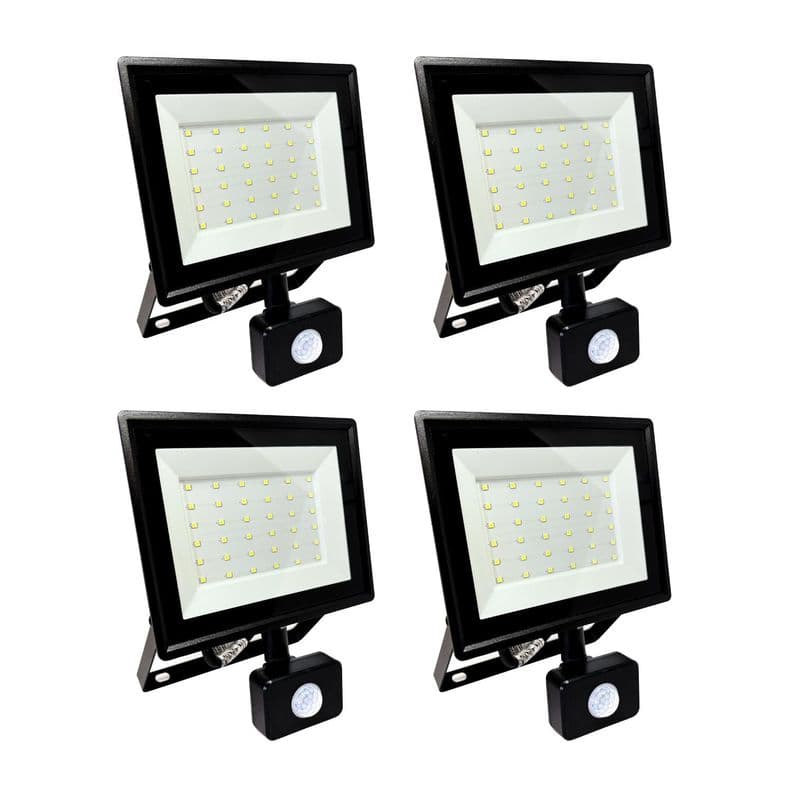 Pack 4 Foco Proyector Led Reflector Con Sensor 50w Ip65 Fria Negro Blanco Frio