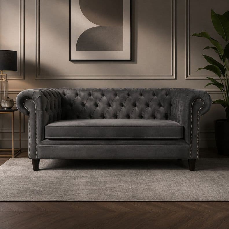 Sofa Chesterfield Capitone Brabante Felpa Gris Oscuro