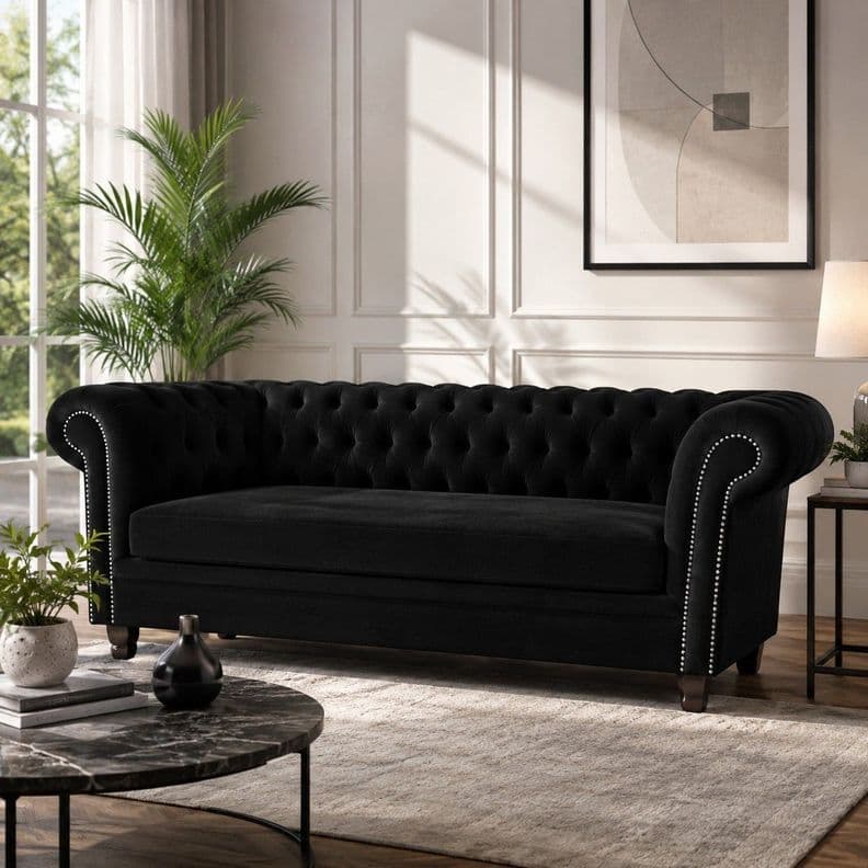 SOFA FELPA 3 CUERPOS CHESTERFIELD CAPITONE BRABANTE NEGRO LARGE