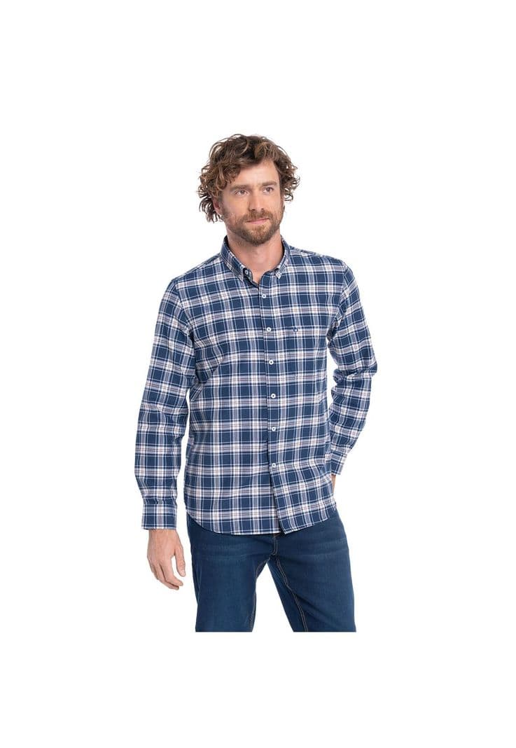 CAMISA MANGA LARGA OXFORD CUADROS HOMBRE LEON. Azul L