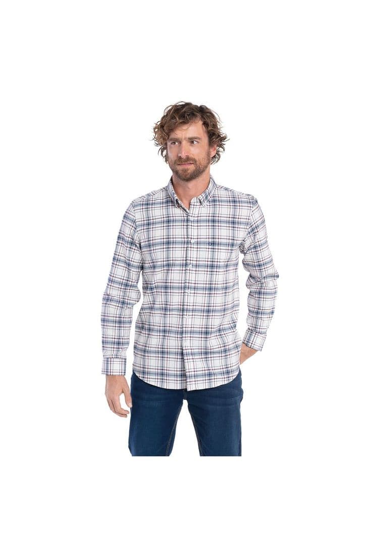 CAMISA MANGA LARGA OXFORD CUADROS HOMBRE LEON. Blanco L