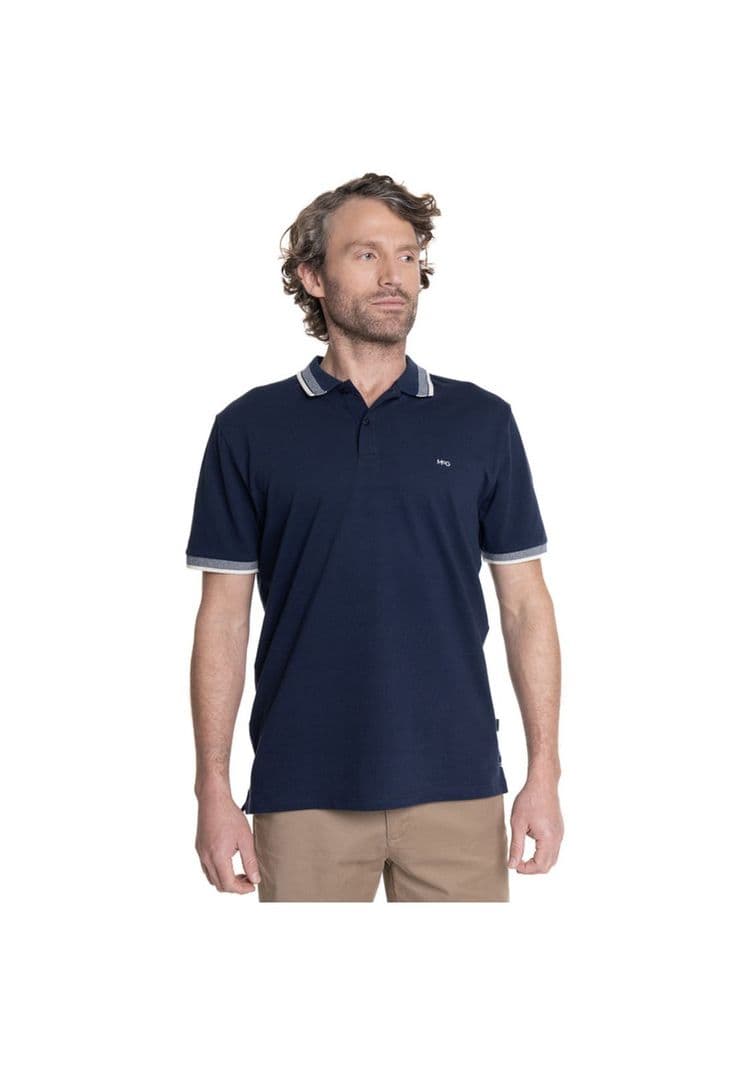 POLERA HOMBRE PIQUE MANGA CORTA CUELLO JACQUARD BUSHWICK. Azul Marino M