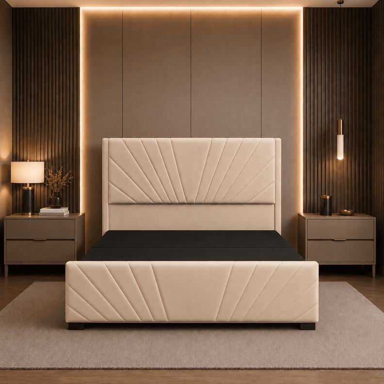 Cama Europea Moderna 2 Plazas Felpa con Bases Divididas y Doble Respaldo Crema
