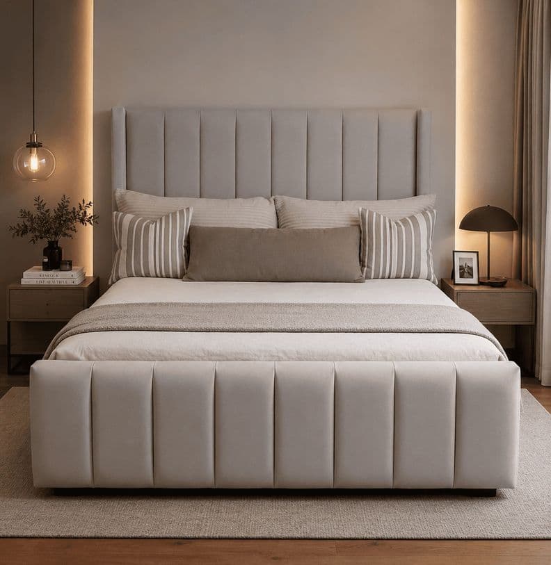 Cama Europea Moderna 2 plazas con Doble Respaldo Gris Claro