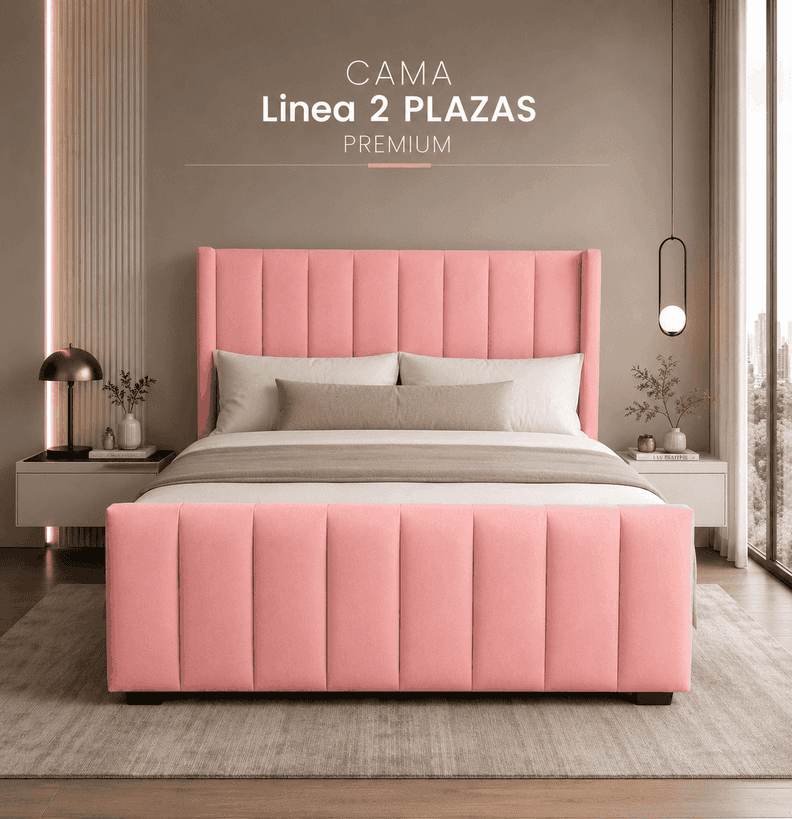 Cama Europea Moderna 2 plazas con Doble Respaldo Rosado Claro