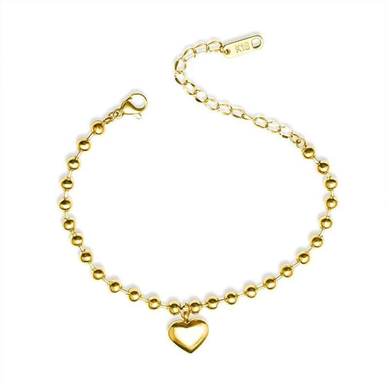 Pulsera Bano Oro Amarillo 18k Pelotitas Corazon Dorado