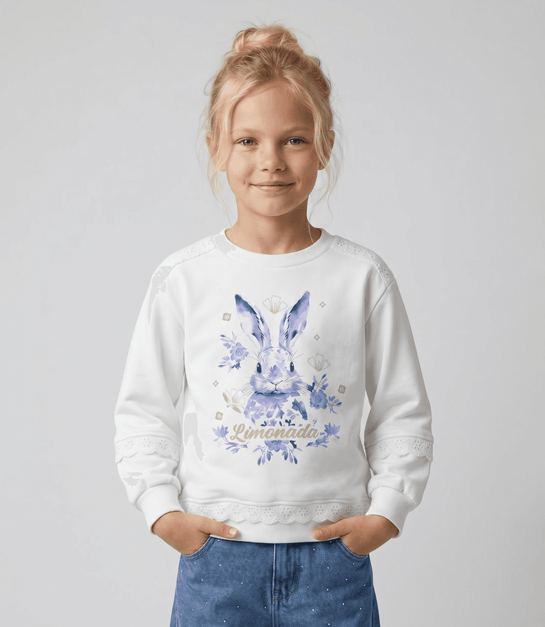 Poleron nina con conejo boho L11091270103 crudo Limonada Crema 4 anos