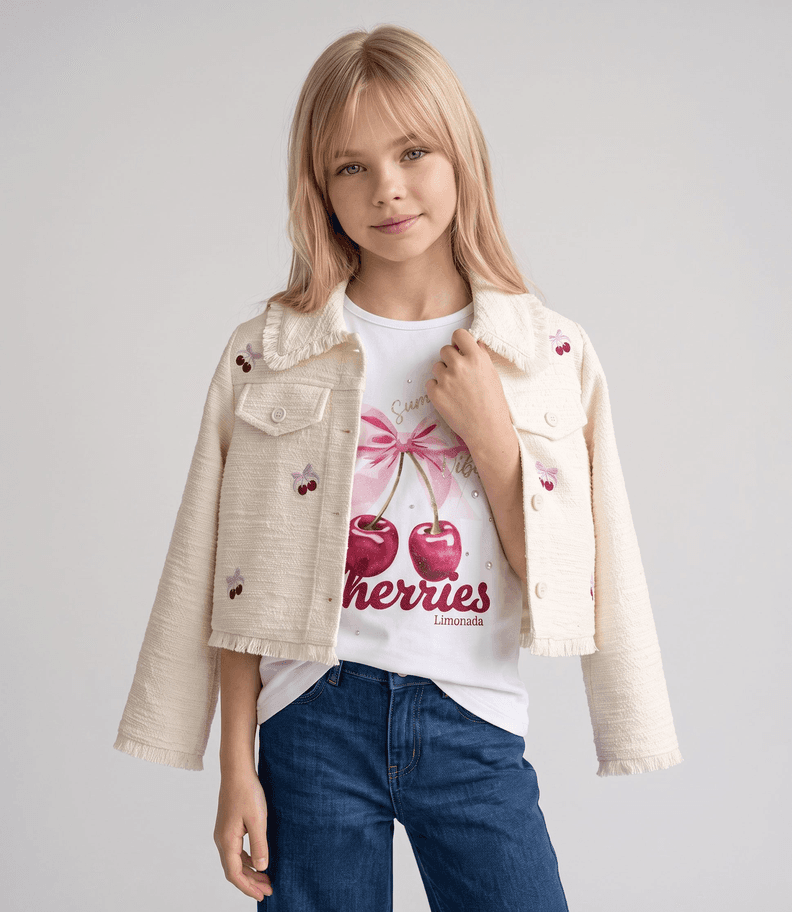 Chaqueta nina bordada con cherry L11071270503 crudo Limonada Crema 10 anos