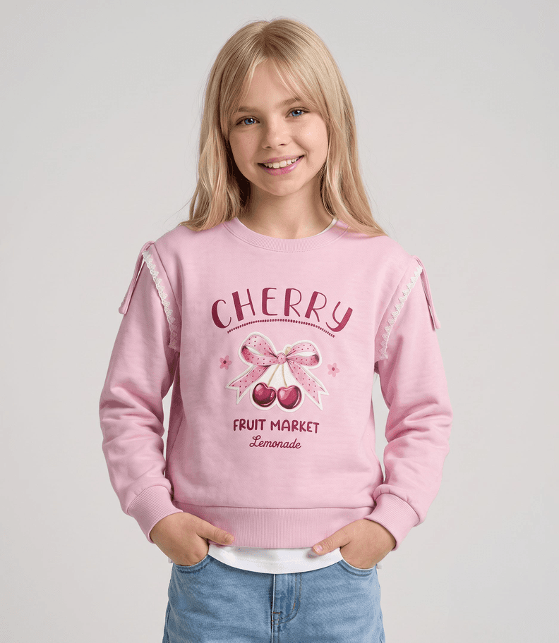 Poleron nina con cherry y lazos L11091270402 rosado Limonada 8 anos