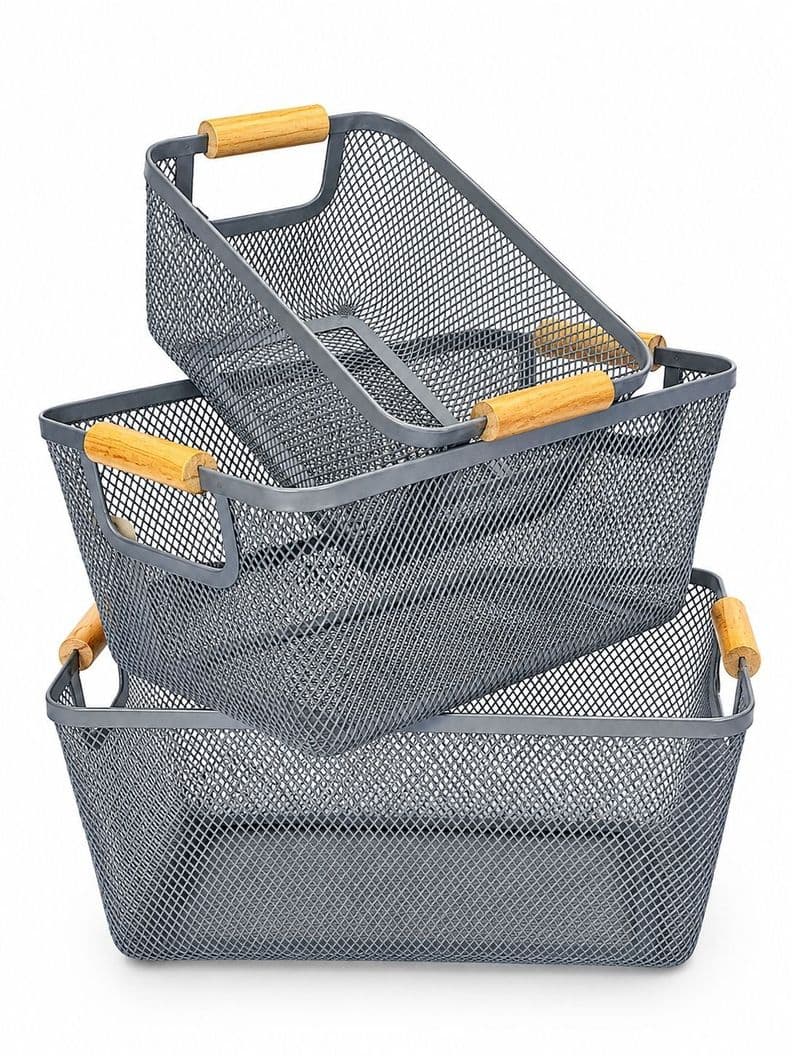 Set 3 Canastos Metalicos Con Mango De Madera Para El Hogar Gris 0