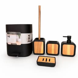 Set De 5 Accesorios Para Ba o Con Tapa De Bambu Papelera Wc Negro 0