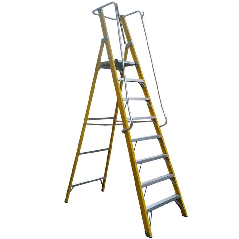 Escalera Tijera Plataforma Doble Fibra Vidrio 8P con Baranda Amarillo Set