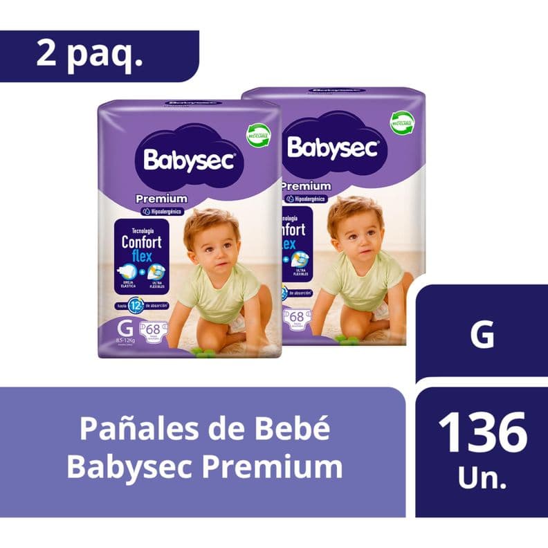 2 paquetes de Panales de Bebe Babysec Premium 136 un G Blanco