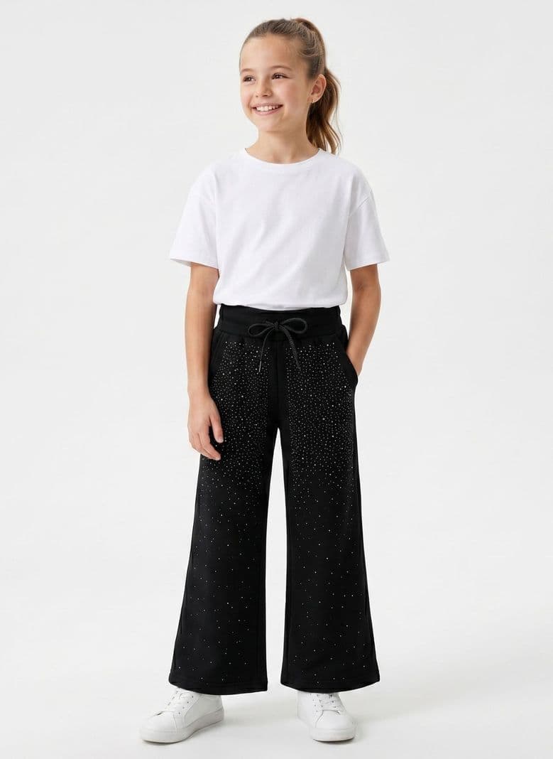 Pantalon Buzo Nina Wide Leg Brillos Algodon Moda Urbana Negro 16