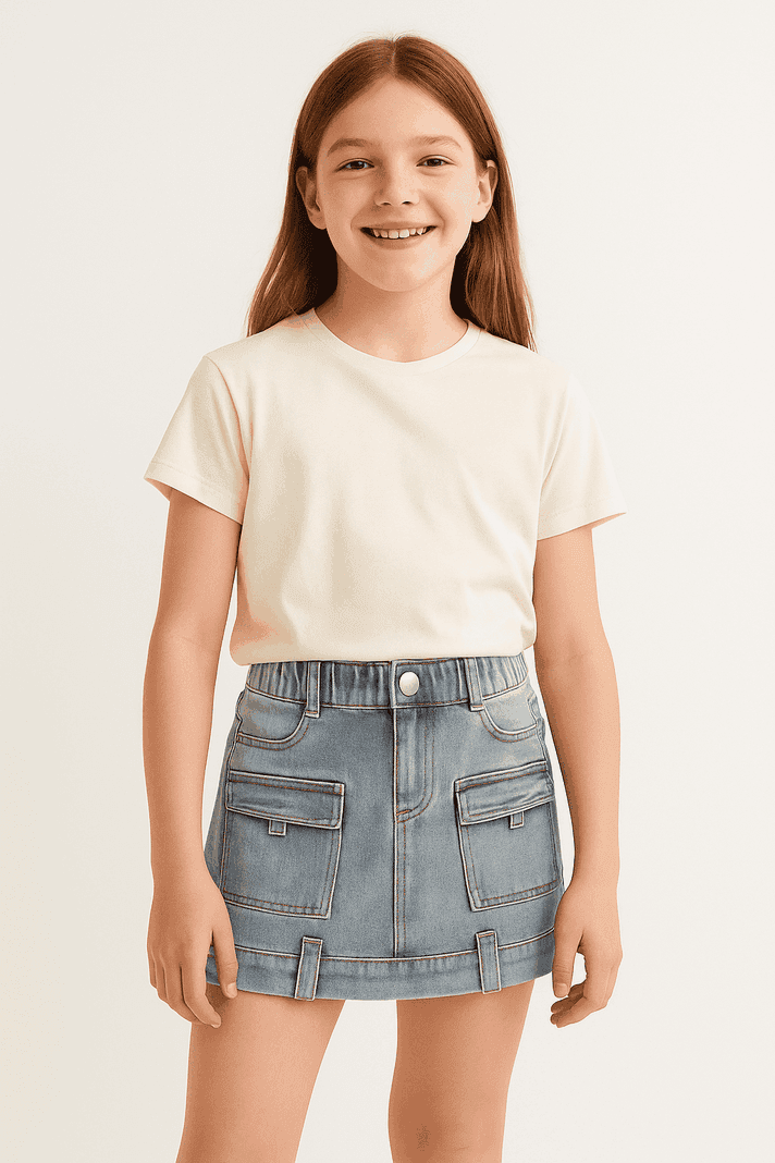 Falda Cargo Nina Con Bolsillos Moda Infantil 2025 Azul 6