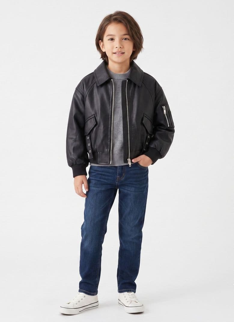 Chaqueta Ecocuero Nino Estilo Aviador Biker Invierno Negro 6