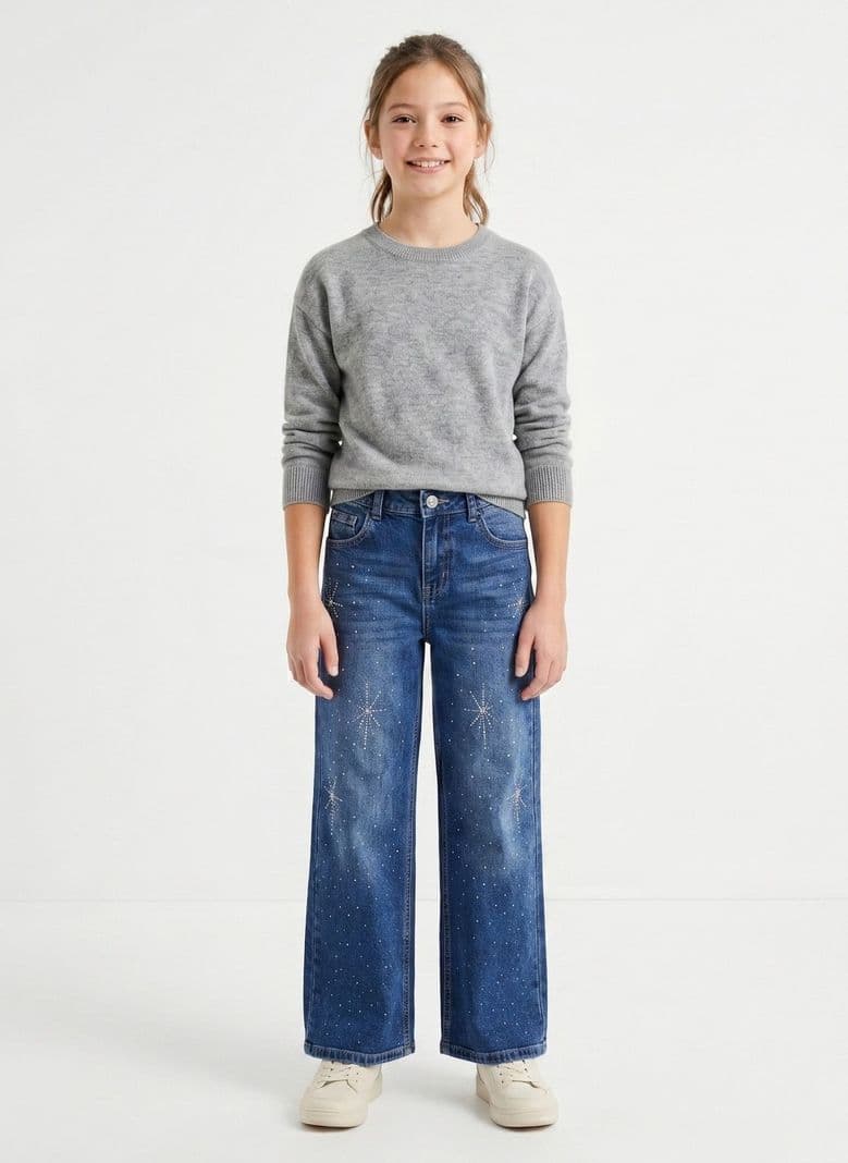 Jeans Nina Recto Con Brillos Pedrer a Moda Urbana Denim Azul 4