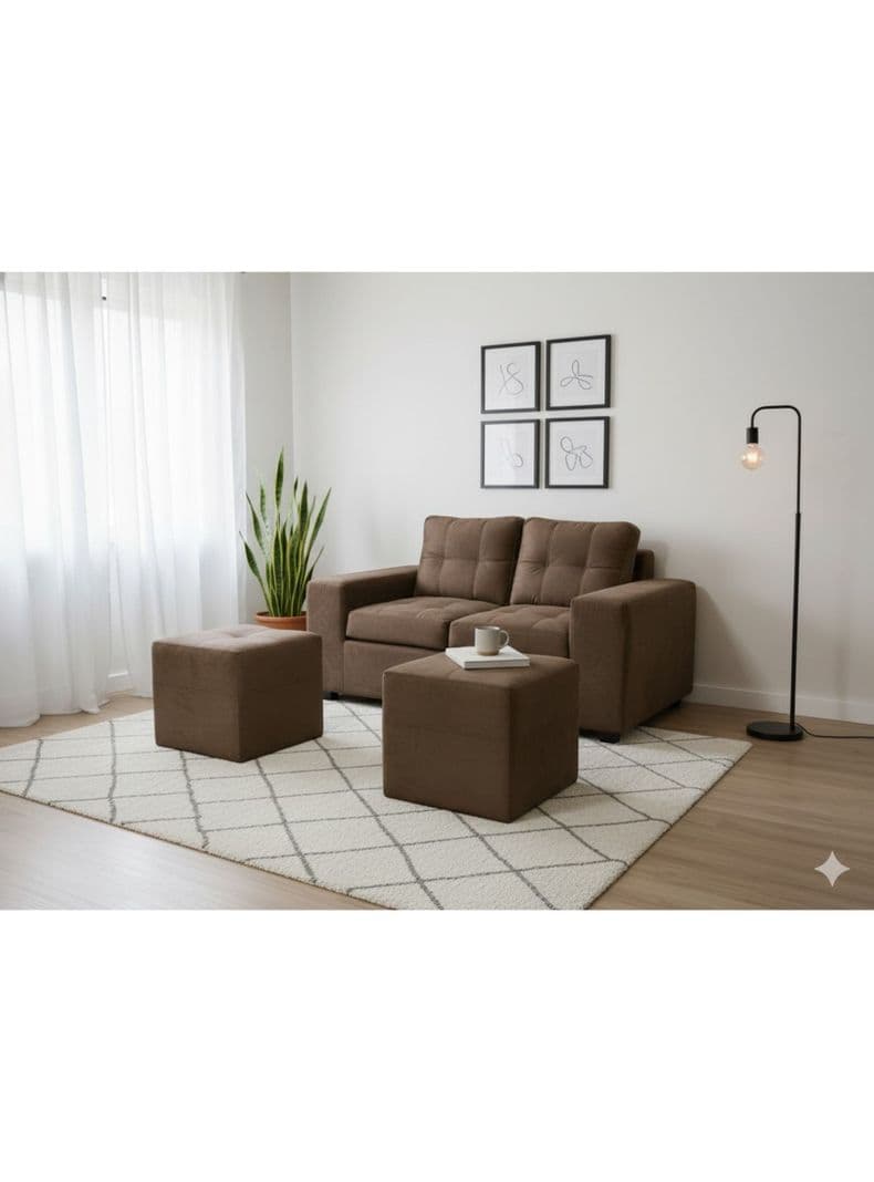 Sofa 2 cuerpos + 2 Pouf Lucca Felpa Cafe