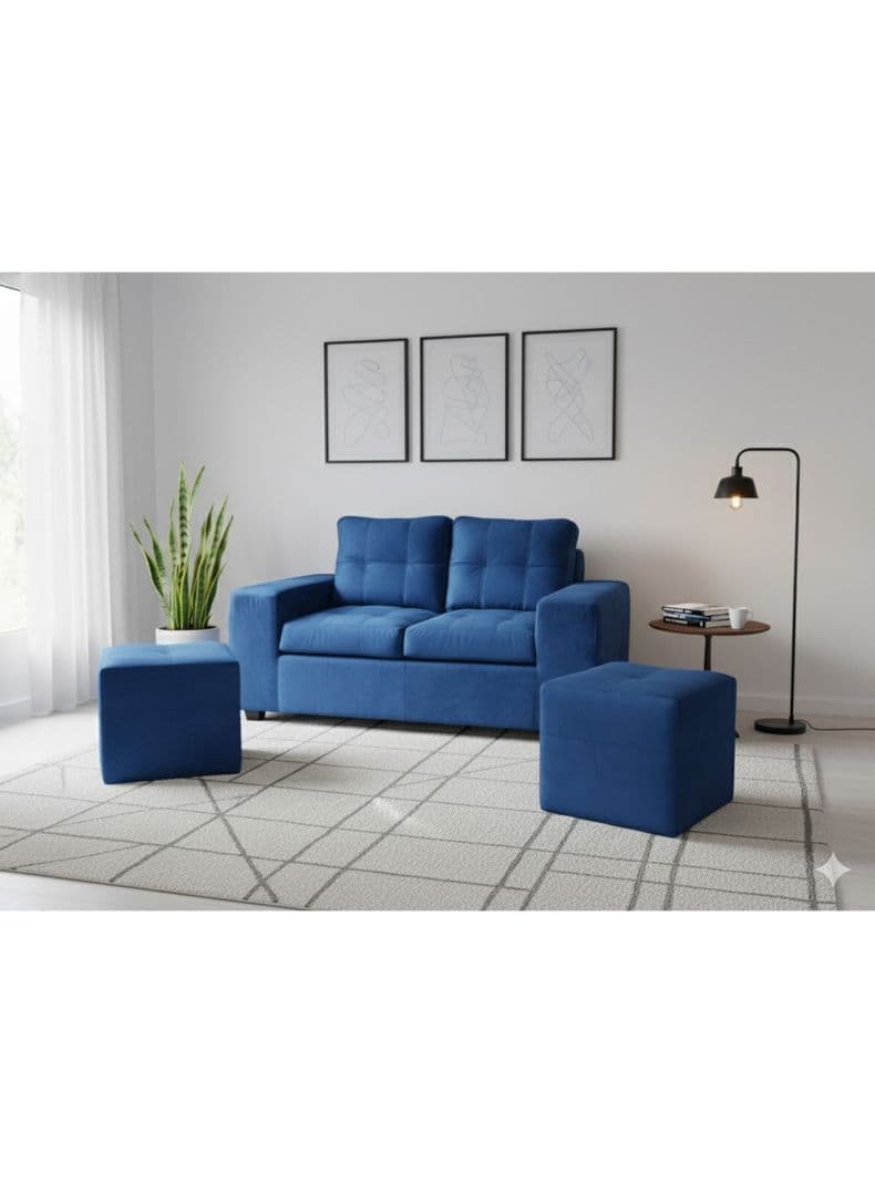 Sofa 2 cuerpos + 2 Pouf Lucca Felpa Azul