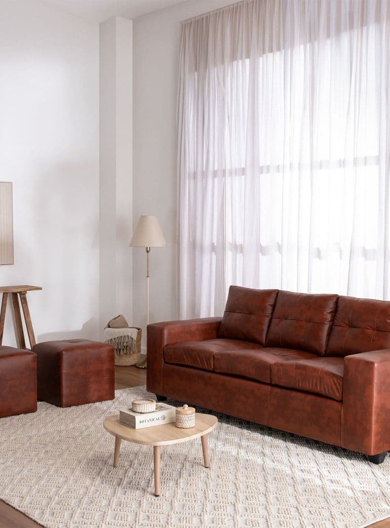 Sofa 3 cuerpos + 2 Pouf Lucca PU Caoba