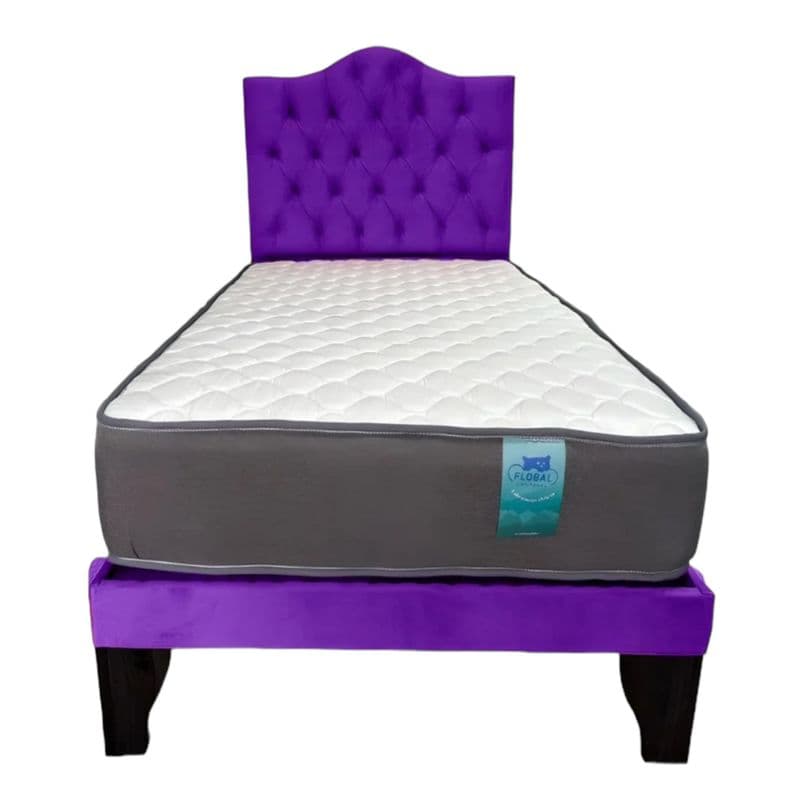 CAMA 1,5 PLAZAS OVALADO 105X190CM + RESPALDO MORADO + COLCHON FLOBAL 105