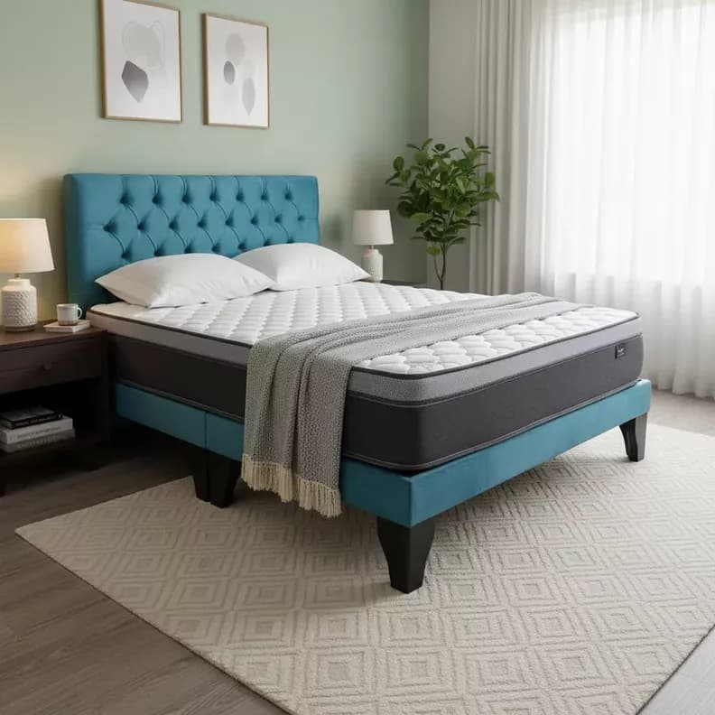 Cama Europea Super King + Respaldo Capitones Turquesa +Colchon 200x200 200 CM