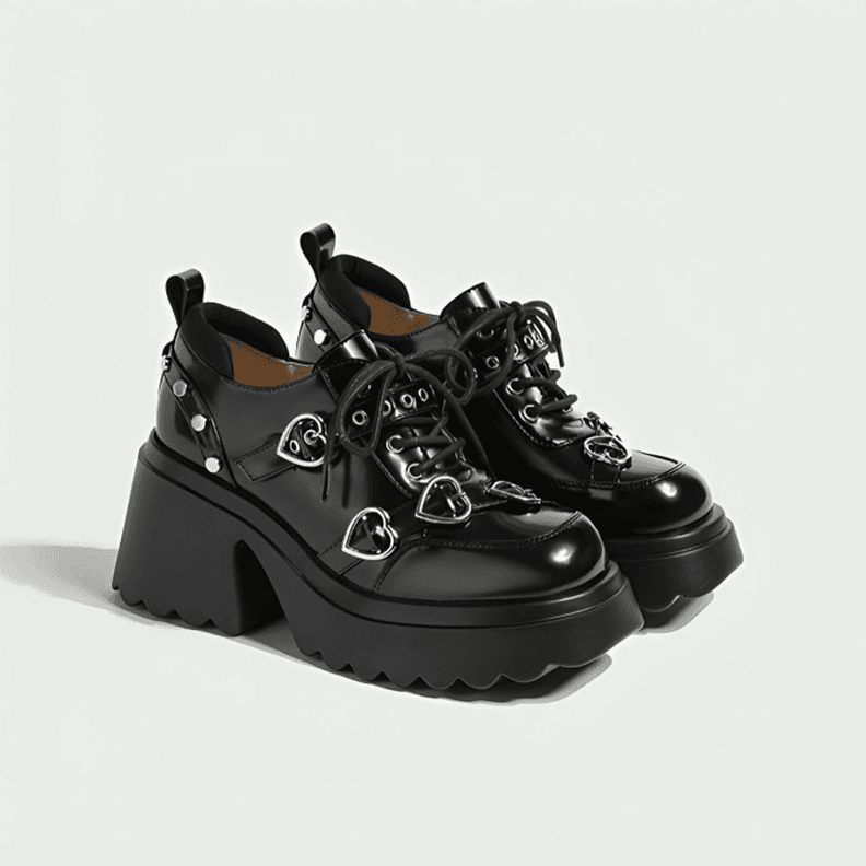 Botin Zapato Plataforma Charol Negro Hebillas Corazon Chunky Sole Gotico 40