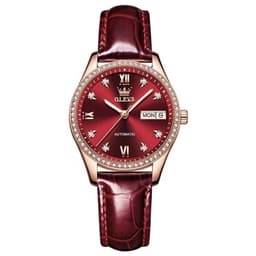Reloj Automatico de Lujo Elegante para Mujer con Correa de Cuero Burdeo