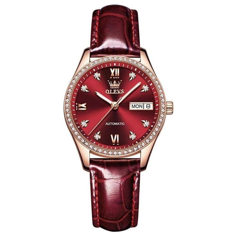 Reloj Automatico de Lujo Elegante para Mujer con Correa de Cuero Burdeo