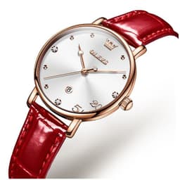 Reloj Femenino de Cuarzo con Correa de Cuero Rojo y Esfera Decorativa