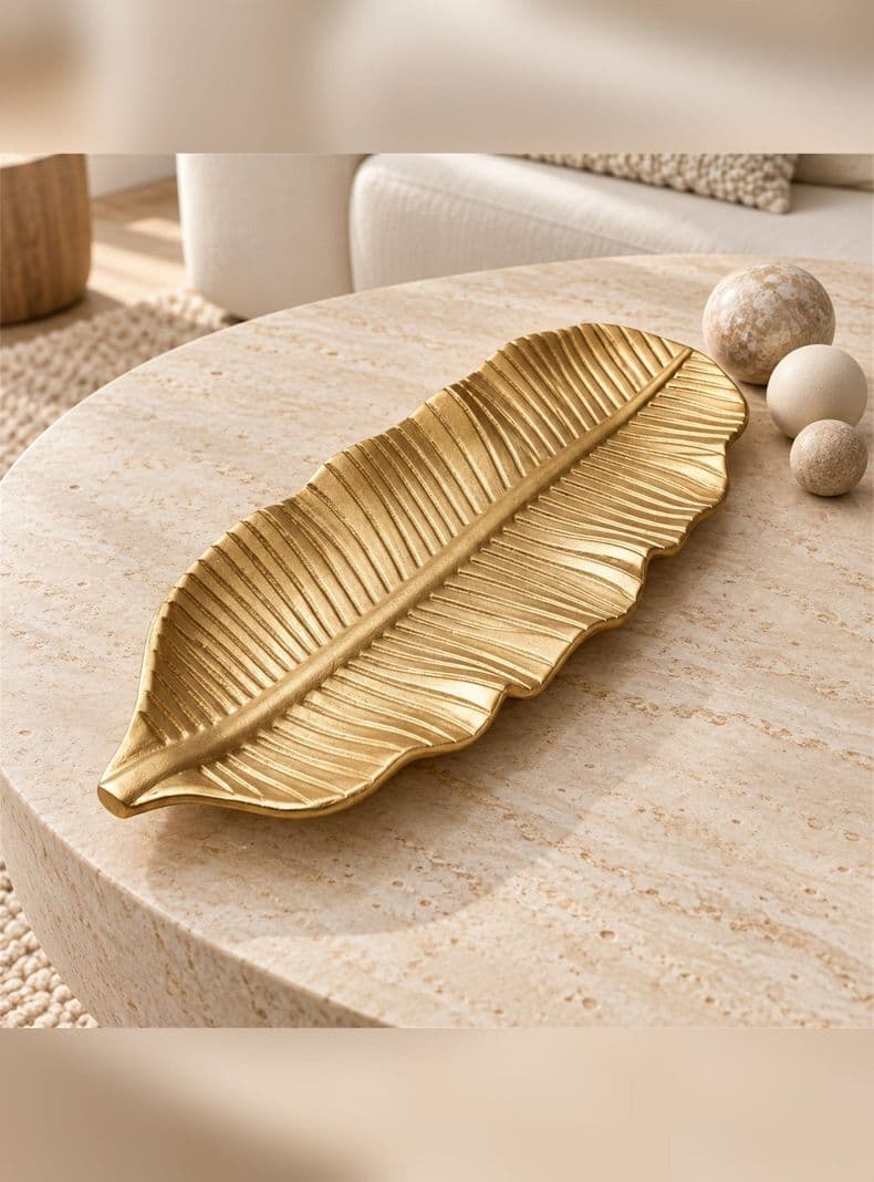 Bandeja Decorativa Hoja Alargada Estilo Moderno 47 cm Dorado