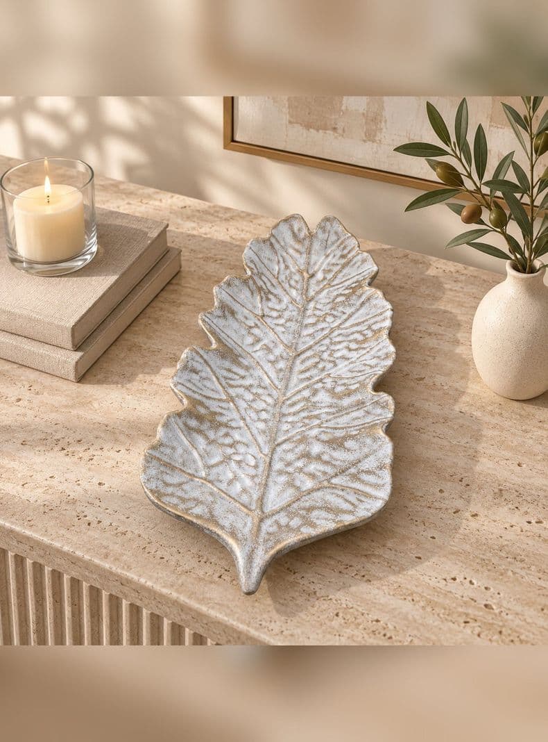 Bandeja Decorativa Forma Hoja MDF Blanco y Dorado 38 cm